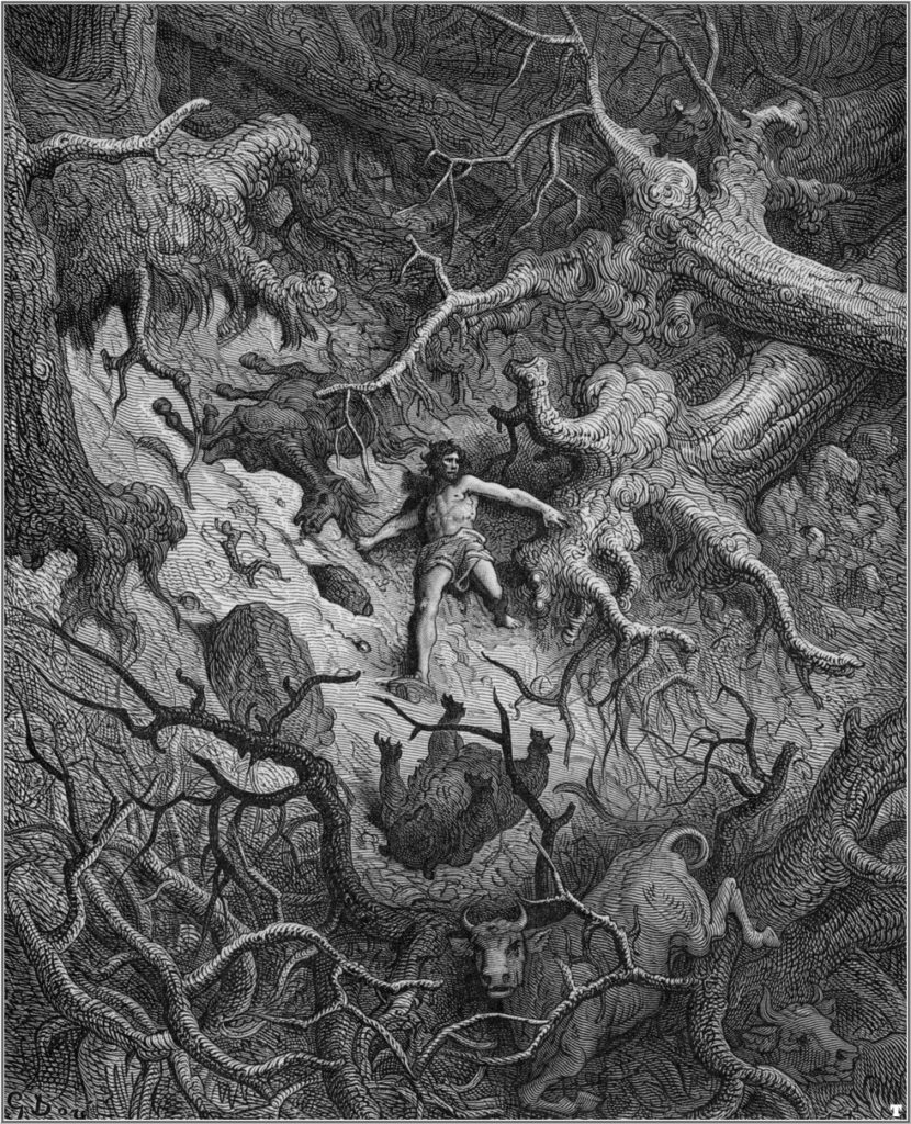 Orlando ontwortelt in zijn razernij eikenbomen (gravure van Gustave Doré)