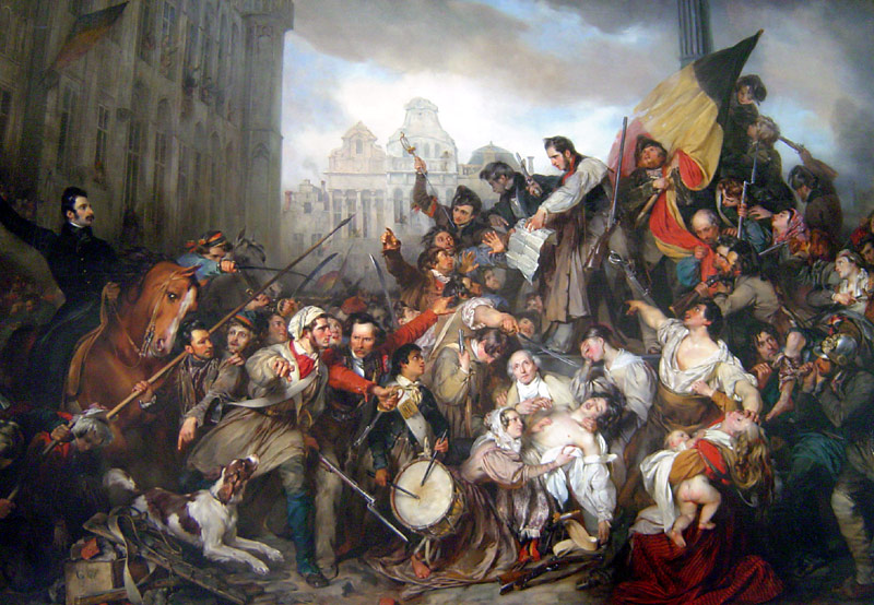 Een opvoering van de opera La muette de Portici vormde volgens de verhalen het startschot voor de Belgische revolutie van 1830. Gustave Wappers, Tafereel van de Septemberdagen 1830 op de Grote Markt te Brussel, 1835 (Foto: Koninklijke Musea voor Schone Kunsten van België)