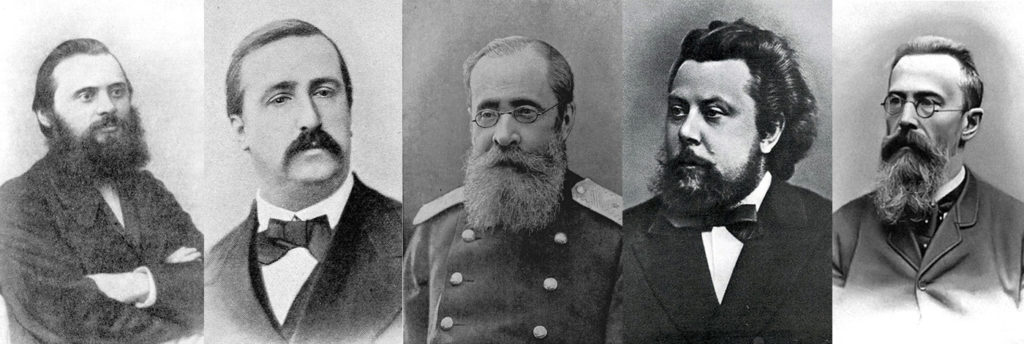 De componisten van het 'Machtige Hoopje': Balakirev, Borodin, Cui, Moessorgski en Rimski-Korsakov