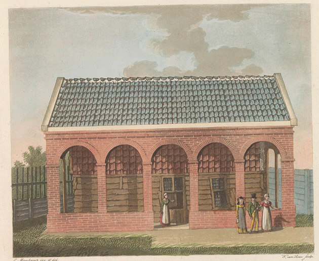 Willem van Senus naar Evert Maaskamp, Czaar Peterhuisje in Zaandam met het stenen omhulsel uit 1820, Rijksmuseum, Amsterdam