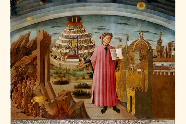 Dante met de Divina Commedia in de hand ( Domenico di Michelino, 1465, Santa Maria del Fiore in Florence)