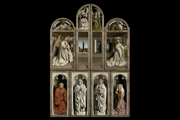 Altaarstuk Lam Gods in de Bataafskathedraal in Gent in gesloten toestand (Hubert en Jan van Eijk)